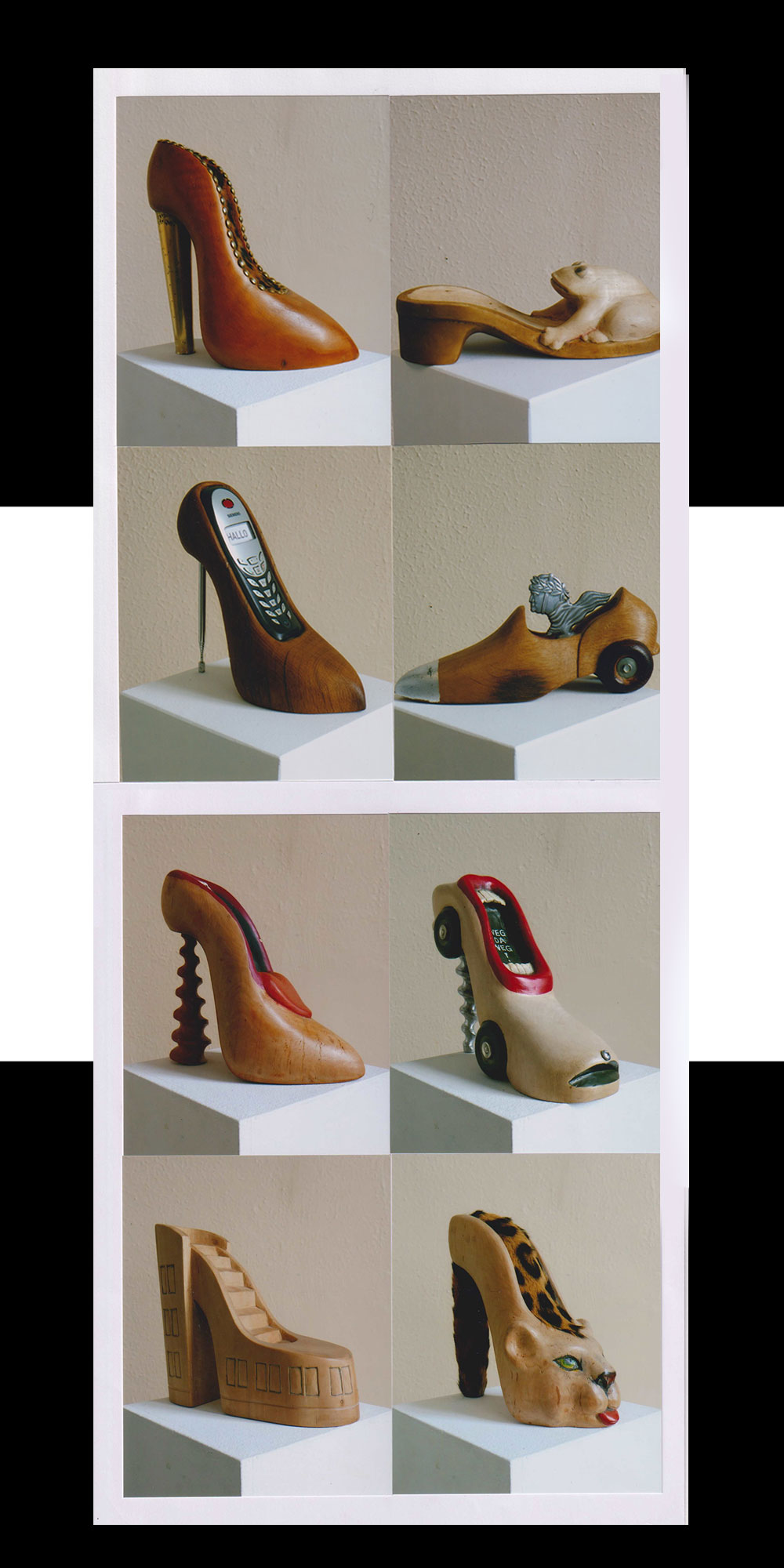 aus Holz geschnitze Schuh Skulptuern alss Handy halter, ein Schuh hat einen Frosch auf der Spitze sitzen, ein Anderer Schuh hat die fprm eines Rennwagens, ist aber noch als Schuh erkennbar. Hans Günther Obermeier, Bildhauer, Künstler, Köln