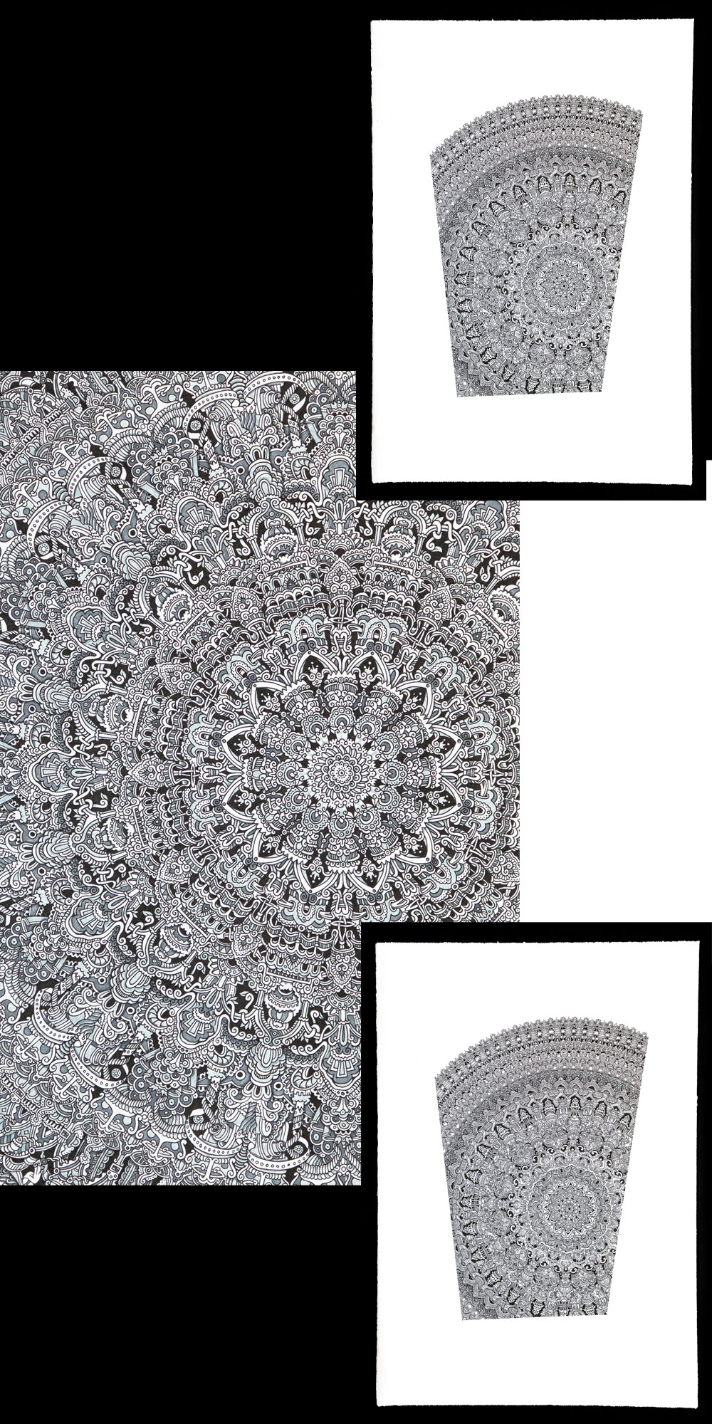 „Mäandala“ ist eine Serie großformatiger, in Graustufen kolorierter Tuschezeichnungen. Der Titel ist ein Portemanteau aus „Mandala“ und „mäandern“. Mandala-artig ist der Aufbau der Bilder aus Ornamenten in konzentrischer Ringstruktur.
