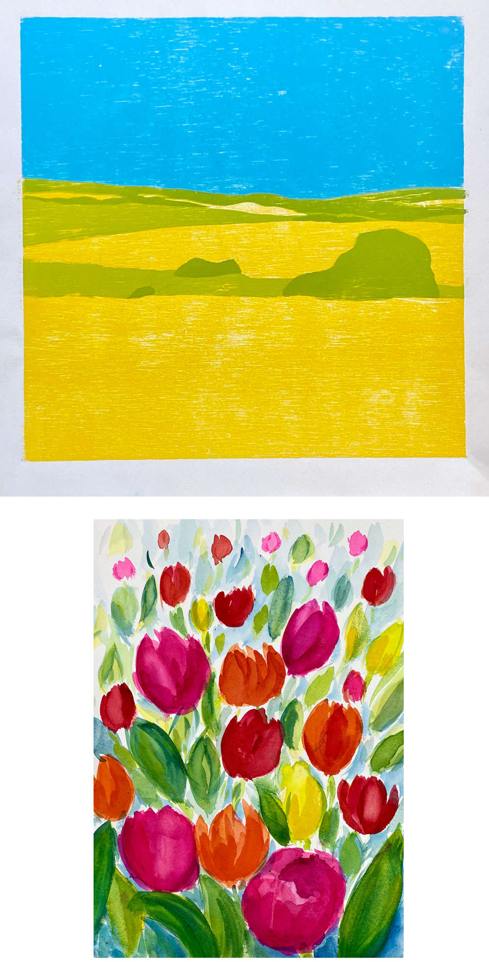 Aquarellbild bunte große Tulpen, Bild Kornfelder Landschaft in gelb und blau. Margareta Nielson, Künstlerin 