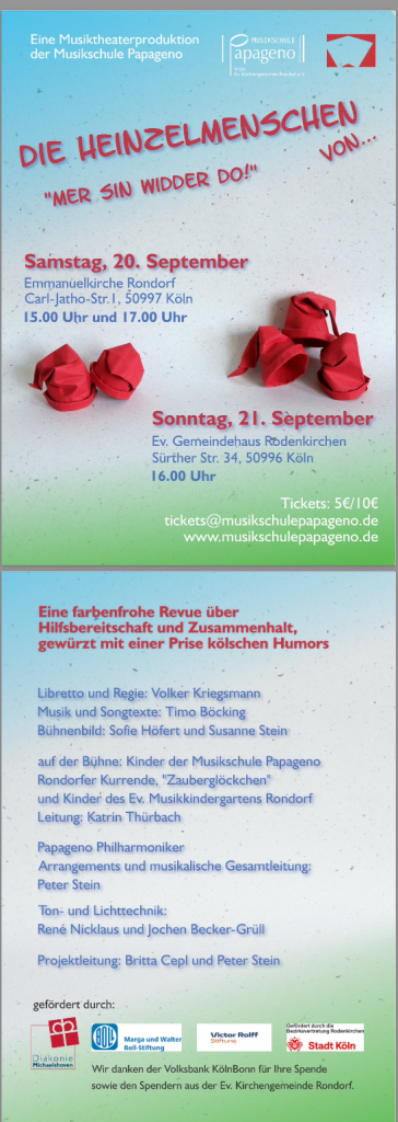 Die Heinzelmenschen von… „Mer sin widder do“! Musiktheaterproduktion der Musikschule Papageno für Kinder und Jugendliche